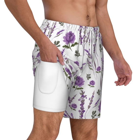Uemuo Lavender Flowers Pattern Mens Swim Trunks Quick Dry Board Shorts with Mesh Lining, Stretch Beach Shorts Quick Dry No-Chafing Board Shorts-3X-Large