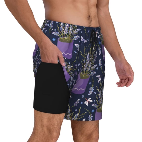Uemuo Lavender Flowers Pattern Mens Swim Trunks Quick Dry Board Shorts with Mesh Lining, Stretch Beach Shorts Quick Dry No-Chafing Board Shorts-Large