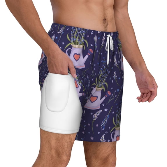 Uemuo Lavender Flowers Pattern Mens Swim Trunks Quick Dry Board Shorts with Mesh Lining, Stretch Beach Shorts Quick Dry No-Chafing Board Shorts-Small