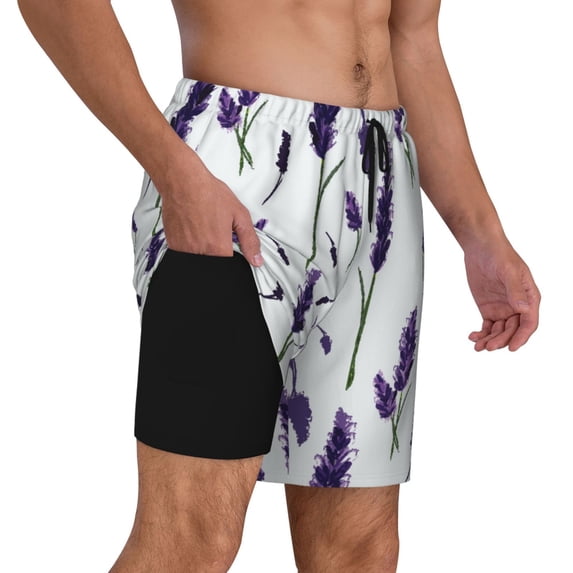 Uemuo Lavender Flowers Pattern Mens Swim Trunks Quick Dry Board Shorts with Mesh Lining, Stretch Beach Shorts Quick Dry No-Chafing Board Shorts-Small