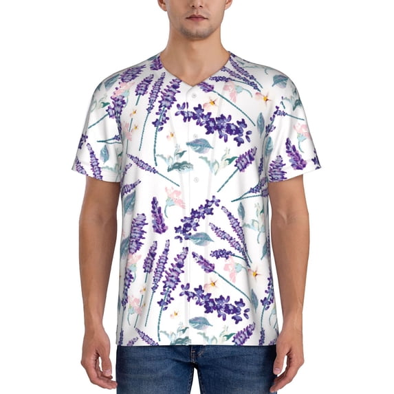 Uemuo Lavender Flowers Print Mens Polo Shirts Baseball T-shirt Performance Short Sleeve Golf Shirt Moisture Wicking Athletic Casual Collared T-Shirt-4X-Large