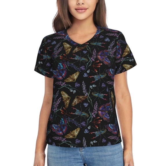 Uemuo Lavender Flowers Printed Women's Classic V-Neck T-Shirt - Soft, Breathable, Moisture-Wicking, Perfect for Casual, Office, Travel, and Everyday Wear-XX-Large