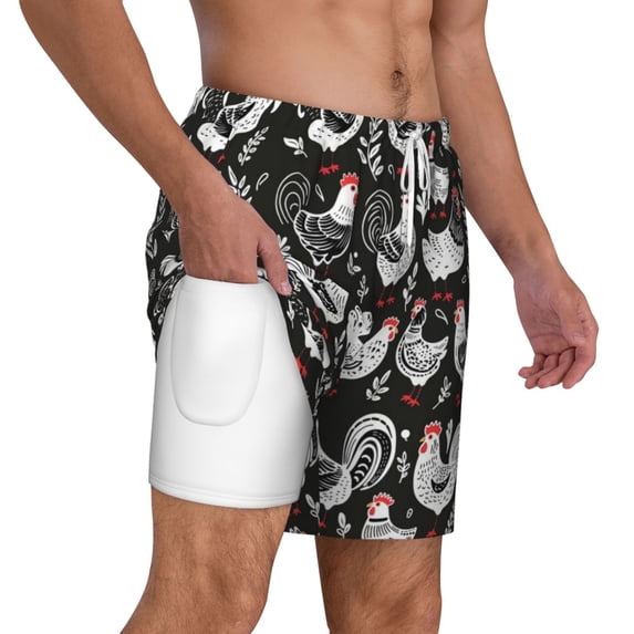 Uemuo Laying Hens And Roosters Pattern Mens Swim Trunks Quick Dry Board Shorts with Mesh Lining, Stretch Beach Shorts Quick Dry No-Chafing Board Shorts-Small