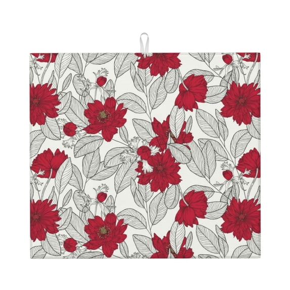 Uemuo Leaves And Anemone Flowers In Red Grey Pattern Dish Drying Mat,16*18 inch Absorbent Dish Drainer Kitchen Counter,Large Size Dish Drying Pad for Countertops,Sinks,Draining Racks