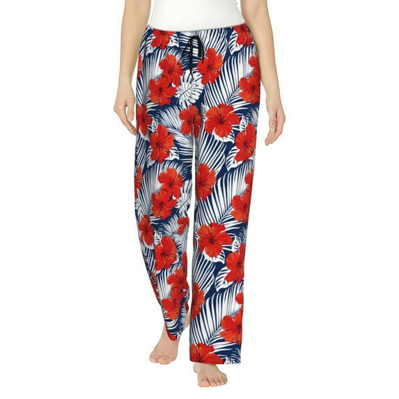 Uemuo Leaves And Flowers Pattern Women's Wide Leg Palazzo Lounge Pants with Pockets Light Weight Loose Comfy Casual Pajama Pants-XX-Large