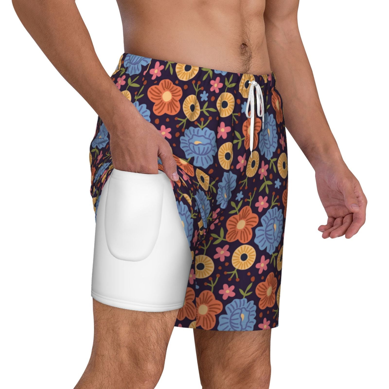Uemuo Leaves Flower Pattern Mens Swim Trunks Quick Dry Board Shorts
