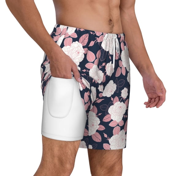 Uemuo Leaves Flower Pattern Mens Swim Trunks Quick Dry Board Shorts with Mesh Lining, Stretch Beach Shorts Quick Dry No-Chafing Board Shorts-XX-Large