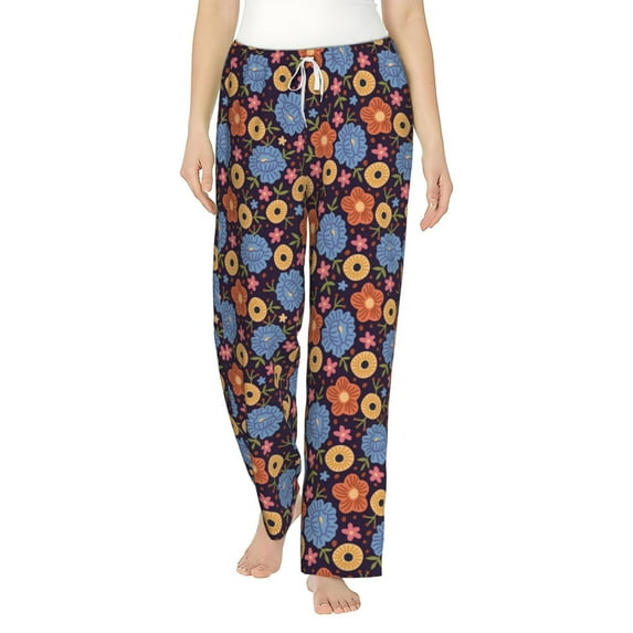 Uemuo Leaves Flower Pattern Women's Wide Leg Palazzo Lounge Pants with Pockets Light Weight Loose Comfy Casual Pajama Pants-Small