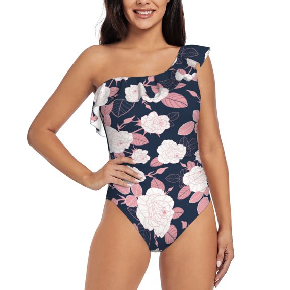 Uemuo Leaves Flower Print Women's One Piece Swimsuit Asymmetrical Neck Bathing Suit One Shoulder Side Cutout Ruffle Swimwear-Medium
