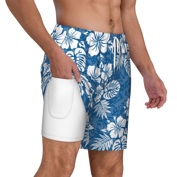 Uemuo Leaves And Flowers Pattern Mens Swim Trunks Quick Dry Board Shorts with Mesh Lining, Stretch Beach Shorts Quick Dry No-Chafing Board Shorts-3X-Large