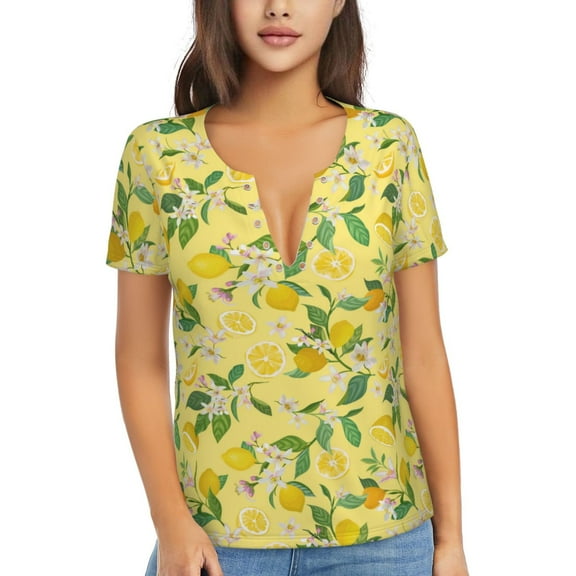 Uemuo Lemon (2) Drawing Women's Deep V-Neck Low Cut Tops - Casual Loose Fit with Stainless Steel Loop, Soft, Breathable, Perfect for Office, Travel, and Daily Wear-Small