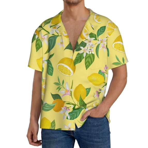 Uemuo Lemon (2) Pattern Cotton Linen Short Sleeve Shirts,Casual Lightweight Button Down Shirts,Vacation Beach Summer Tops-X-Large