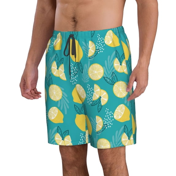 Uemuo Lemon Blue Pattern Men's Swim Trunks Hawaiian Beach Bathing Suit Swimsuits Beach Quick-Dry Shorts with Pockets-Large