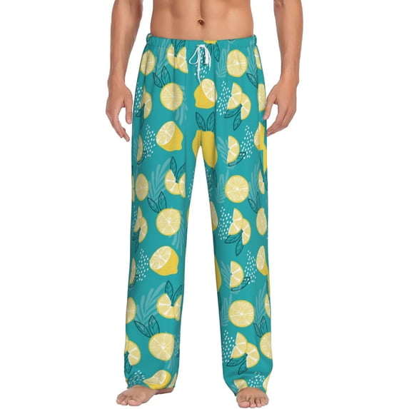 Uemuo Lemon Blue Pattern Men's Wide Leg Palazzo Lounge Pants with Pockets Light Weight Loose Comfy Casual Pajama Pants-Large