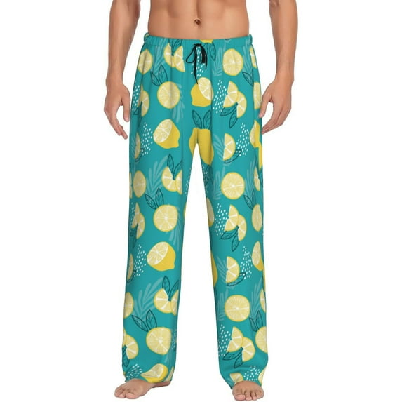 Uemuo Lemon Blue Pattern Men's Wide Leg Palazzo Lounge Pants with Pockets Light Weight Loose Comfy Casual Pajama Pants-X-Large
