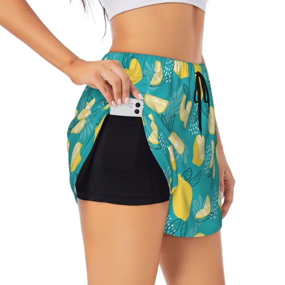 Uemuo Lemon Blue Pattern Women's Athletic Shorts High Waisted Running Shorts with Liner Pockets Gym Elastic Workout Shorts-X-Large