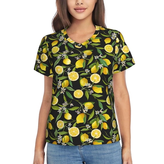 Uemuo Lemon Fruits Flowers Leaves Printed Women's Classic V-Neck T-Shirt - Soft, Breathable, Moisture-Wicking, Perfect for Casual, Office, Travel, and Everyday Wear-Small