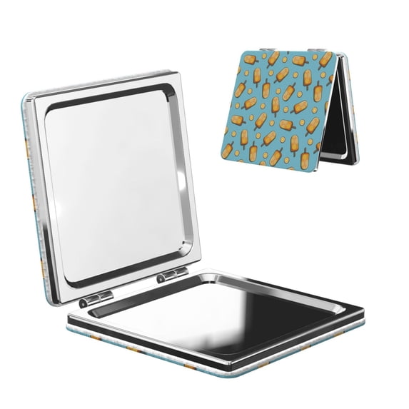 Uemuo Lemon Ice Cream Print Compact Portable Pocket Makeup Mirror - Leather Cover, Elegant Travel Cosmetic Mirror for Purse, Pocket, and Handbag-Square