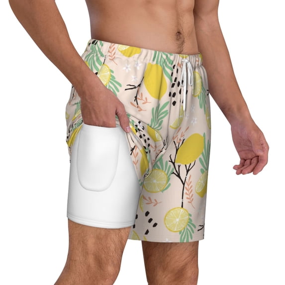 Uemuo Lemon Leaves Pattern Mens Swim Trunks Quick Dry Board Shorts with Mesh Lining, Stretch Beach Shorts Quick Dry No-Chafing Board Shorts-3X-Large