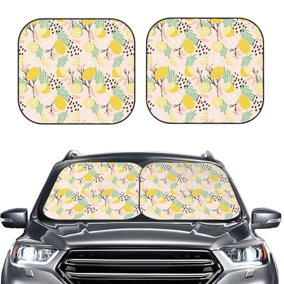 Uemuo Lemon Leaves Printed 2 PCS Car Windshield Sun Shade, Auto Sun Heat and UV Rays Blocker, Foldable Automotive Front Window Sunshade Protector