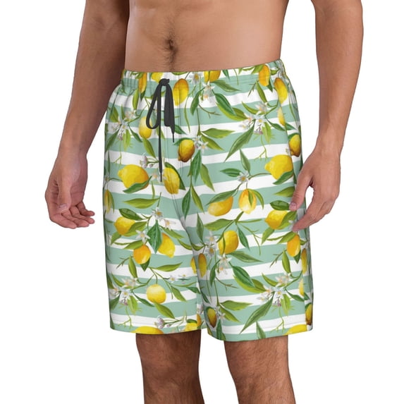 Uemuo Lemon Pattern Men's Swim Trunks Hawaiian Beach Bathing Suit Swimsuits Beach Quick-Dry Shorts with Pockets-Large
