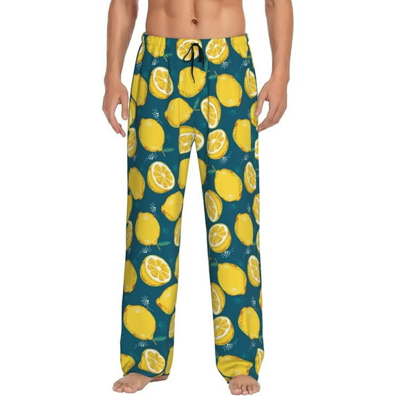 Uemuo Lemon Pattern Men's Wide Leg Palazzo Lounge Pants with Pockets Light Weight Loose Comfy Casual Pajama Pants-Medium