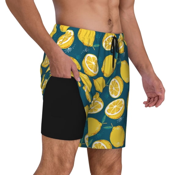 Uemuo Lemon Pattern Mens Swim Trunks Quick Dry Board Shorts with Mesh Lining, Stretch Beach Shorts Quick Dry No-Chafing Board Shorts-XX-Large