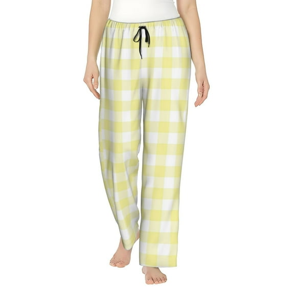 Uemuo Lemon Yellow Checkboard Pattern Women's Wide Leg Palazzo Lounge Pants with Pockets Light Weight Loose Comfy Casual Pajama Pants-Small