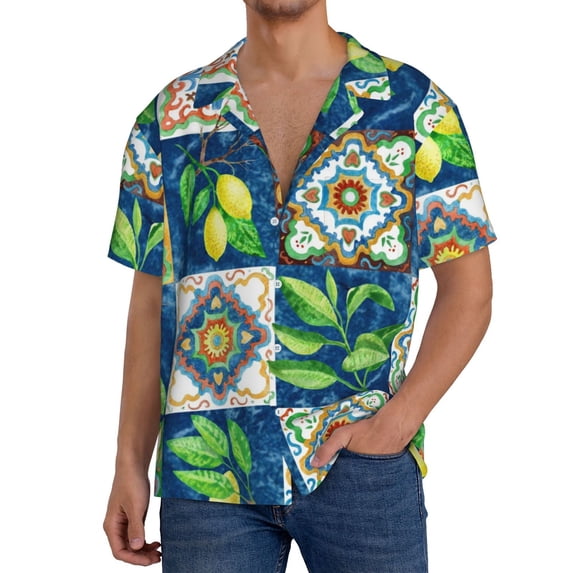 Uemuo Lemon and Leaves Pattern Cotton Linen Short Sleeve Shirts,Casual Lightweight Button Down Shirts,Vacation Beach Summer Tops-Medium