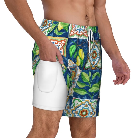 Uemuo Lemon and Leaves Pattern Mens Swim Trunks Quick Dry Board Shorts with Mesh Lining, Stretch Beach Shorts Quick Dry No-Chafing Board Shorts-Large