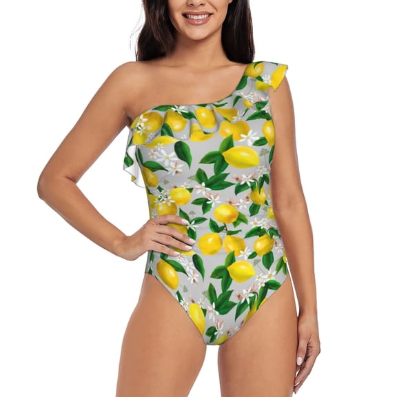Uemuo Lemon1 Print Women's One Piece Swimsuit Asymmetrical Neck Bathing Suit One Shoulder Side Cutout Ruffle Swimwear-
