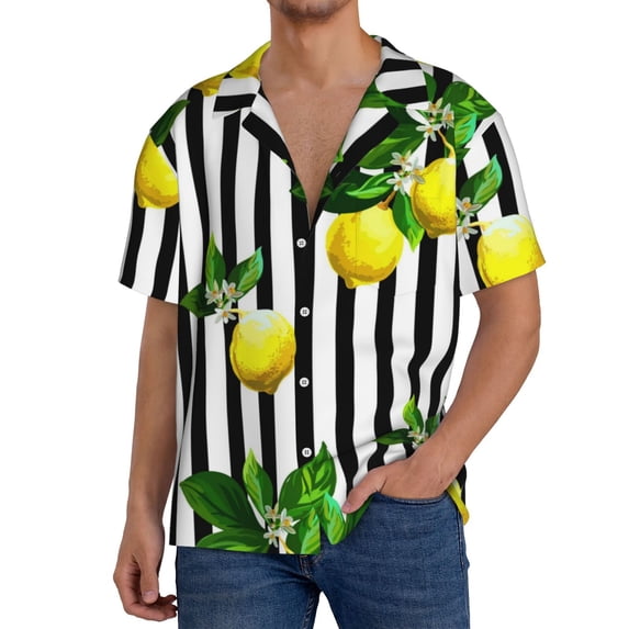 Uemuo Lemons on Striped Pattern Cotton Linen Short Sleeve Shirts,Casual Lightweight Button Down Shirts,Vacation Beach Summer Tops-Medium