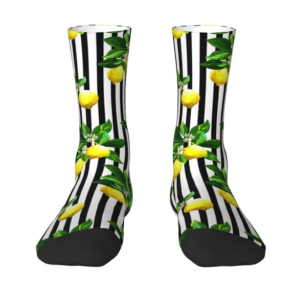 Uemuo Lemons on Striped Pattern Women's Crew Socks, Soft Durable Breathable Moisture-Wicking with Odor Control Cotton socks