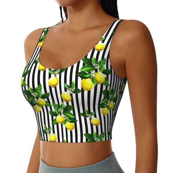 Uemuo Lemons on Striped Pattern Women's Sports Bra - High Impact Support, Breathable, and Comfortable Athletic Bra for Running, Yoga, and Workouts
