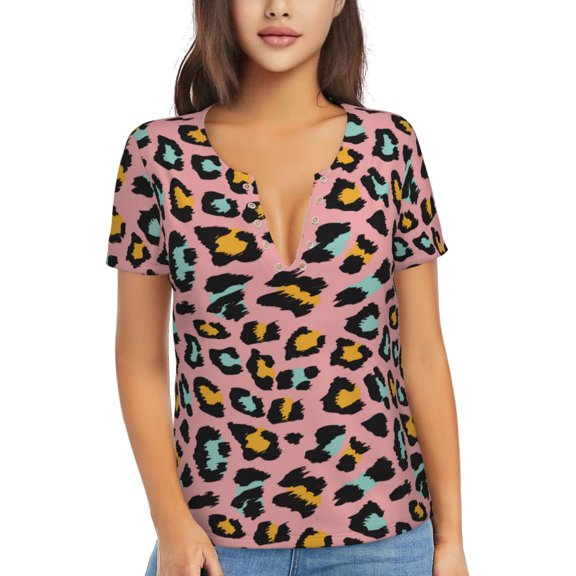 Uemuo Leopard Drawing Women's Deep V-Neck Low Cut Tops - Casual Loose Fit with Stainless Steel Loop, Soft, Breathable, Perfect for Office, Travel, and Daily Wear-Medium