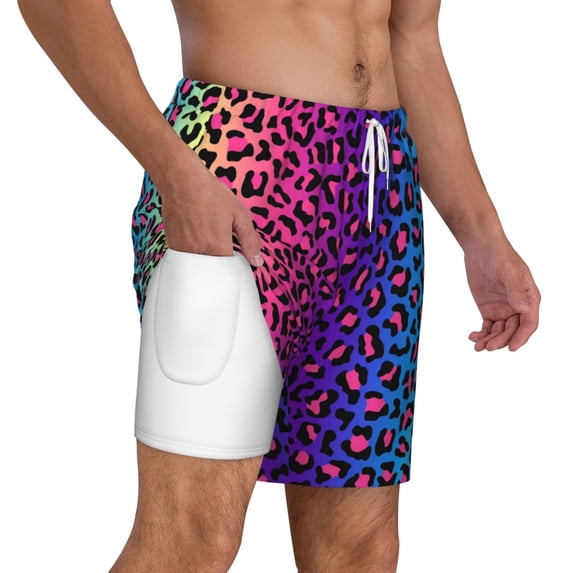 Uemuo Leopard Neon Rainbow Gradient Pattern Mens Swim Trunks Quick Dry Board Shorts with Mesh Lining, Stretch Beach Shorts Quick Dry No-Chafing Board Shorts-Small