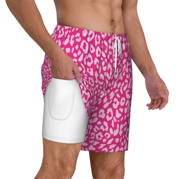 Uemuo Leopard Pattern Mens Swim Trunks Quick Dry Board Shorts with Mesh Lining, Stretch Beach Shorts Quick Dry No-Chafing Board Shorts-Medium