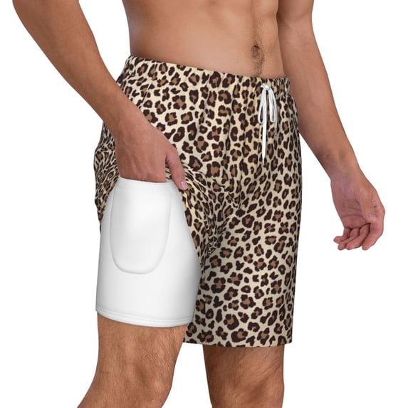 Uemuo Leopard Print-2 Pattern Mens Swim Trunks Quick Dry Board Shorts with Mesh Lining, Stretch Beach Shorts Quick Dry No-Chafing Board Shorts-Large