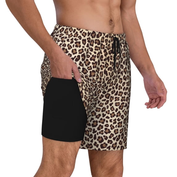Uemuo Leopard Print-2 Pattern Mens Swim Trunks Quick Dry Board Shorts with Mesh Lining, Stretch Beach Shorts Quick Dry No-Chafing Board Shorts-Medium