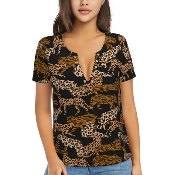 Uemuo Leopard Print Drawing Women's Deep V-Neck Low Cut Tops - Casual Loose Fit with Stainless Steel Loop, Soft, Breathable, Perfect for Office, Travel, and Daily Wear-X-Large