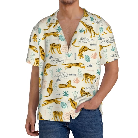 Uemuo Leopard Print Pattern Cotton Linen Short Sleeve Shirts,Casual Lightweight Button Down Shirts,Vacation Beach Summer Tops-Small