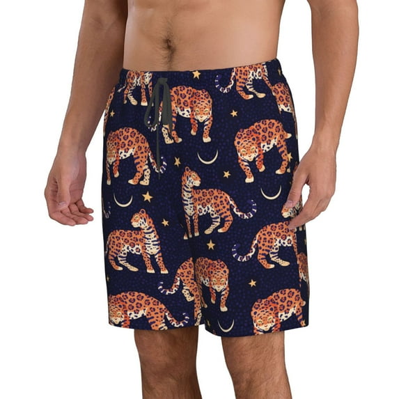 Uemuo Leopard Print Pattern Men's Swim Trunks Hawaiian Beach Bathing Suit Swimsuits Beach Quick-Dry Shorts with Pockets-Small