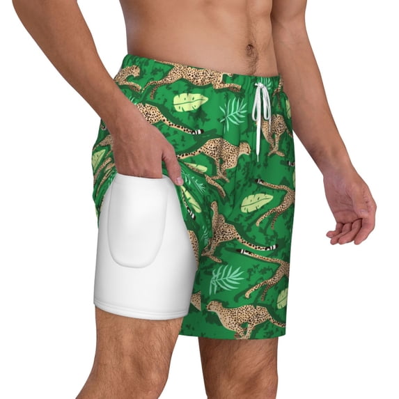 Uemuo Leopard Print Pattern Mens Swim Trunks Quick Dry Board Shorts with Mesh Lining, Stretch Beach Shorts Quick Dry No-Chafing Board Shorts-3X-Large