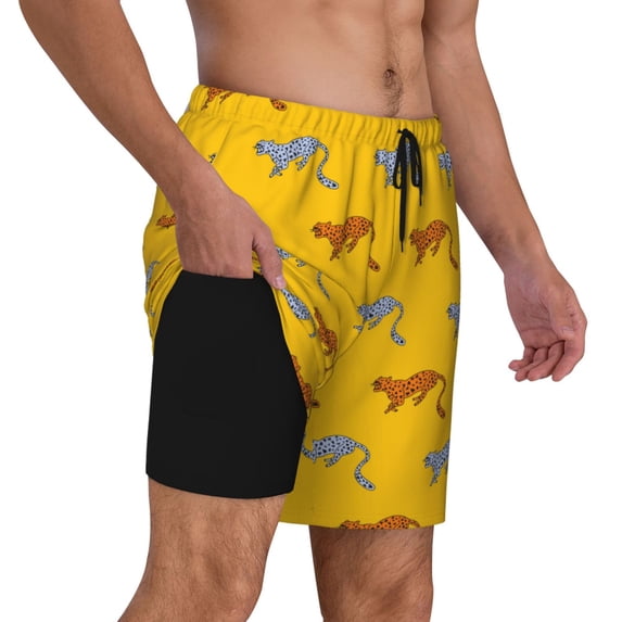Uemuo Leopard Print Pattern Mens Swim Trunks Quick Dry Board Shorts with Mesh Lining, Stretch Beach Shorts Quick Dry No-Chafing Board Shorts-X-Large