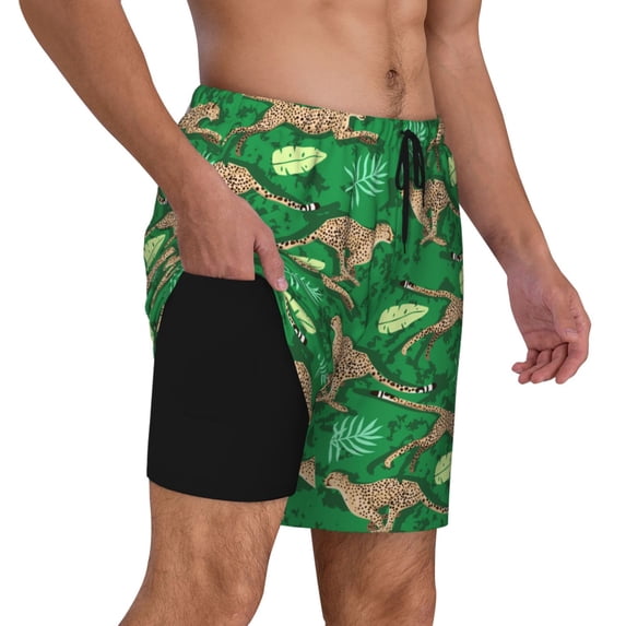 Uemuo Leopard Print Pattern Mens Swim Trunks Quick Dry Board Shorts with Mesh Lining, Stretch Beach Shorts Quick Dry No-Chafing Board Shorts-
