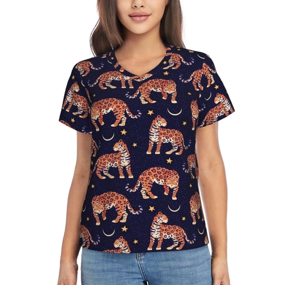 Uemuo Leopard Print Printed Women's Classic V-Neck T-Shirt - Soft, Breathable, Moisture-Wicking, Perfect for Casual, Office, Travel, and Everyday Wear-Small