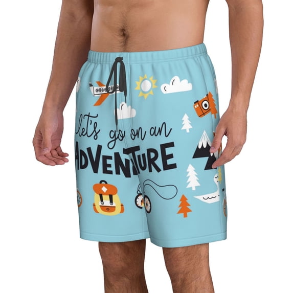 Uemuo Let's Go on an Adventure Pattern Men's Swim Trunks Hawaiian Beach Bathing Suit Swimsuits Beach Quick-Dry Shorts with Pockets-Small