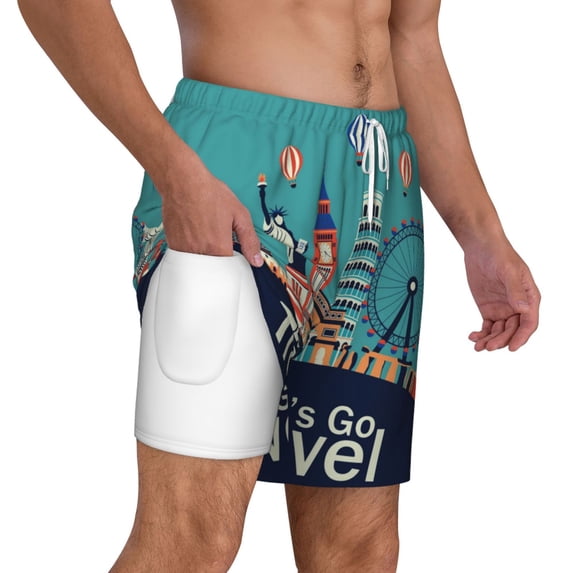 Uemuo Let's go Travel Pattern Mens Swim Trunks Quick Dry Board Shorts with Mesh Lining, Stretch Beach Shorts Quick Dry No-Chafing Board Shorts-3X-Large