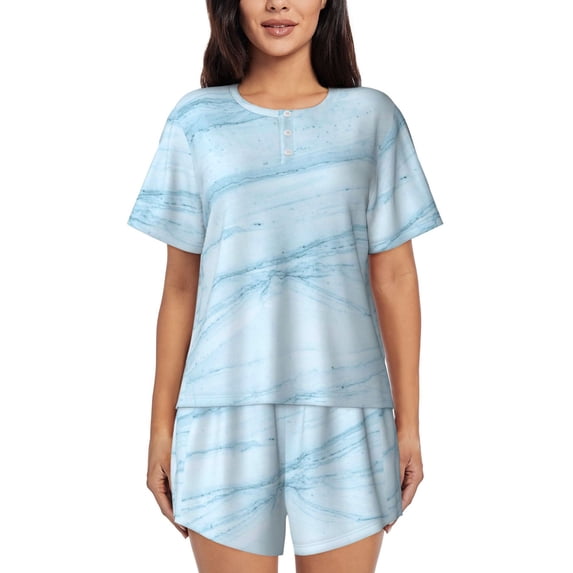 Uemuo Light Blue Marble Pattern Women's Short-Sleeved Pajama, Button-Front Loungewear, 2-Piece Summer Sleepwear, Elastic Drawstring Shorts-4X-Large