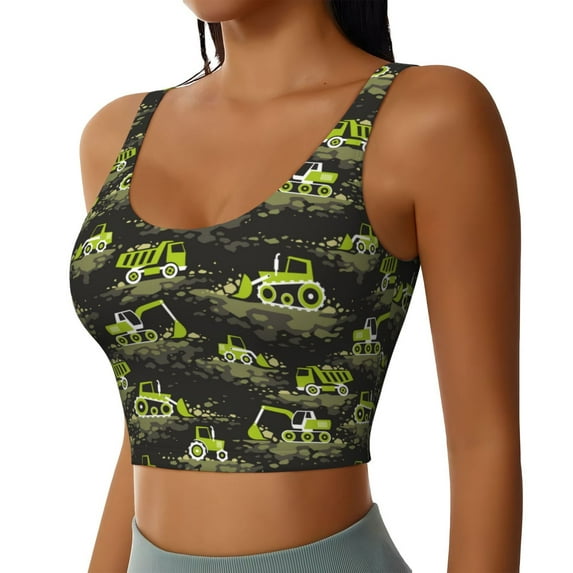 Uemuo Light Green Excavator Pattern Women's Sports Bra - High Impact Support, Breathable, and Comfortable Athletic Bra for Running, Yoga, and Workouts
